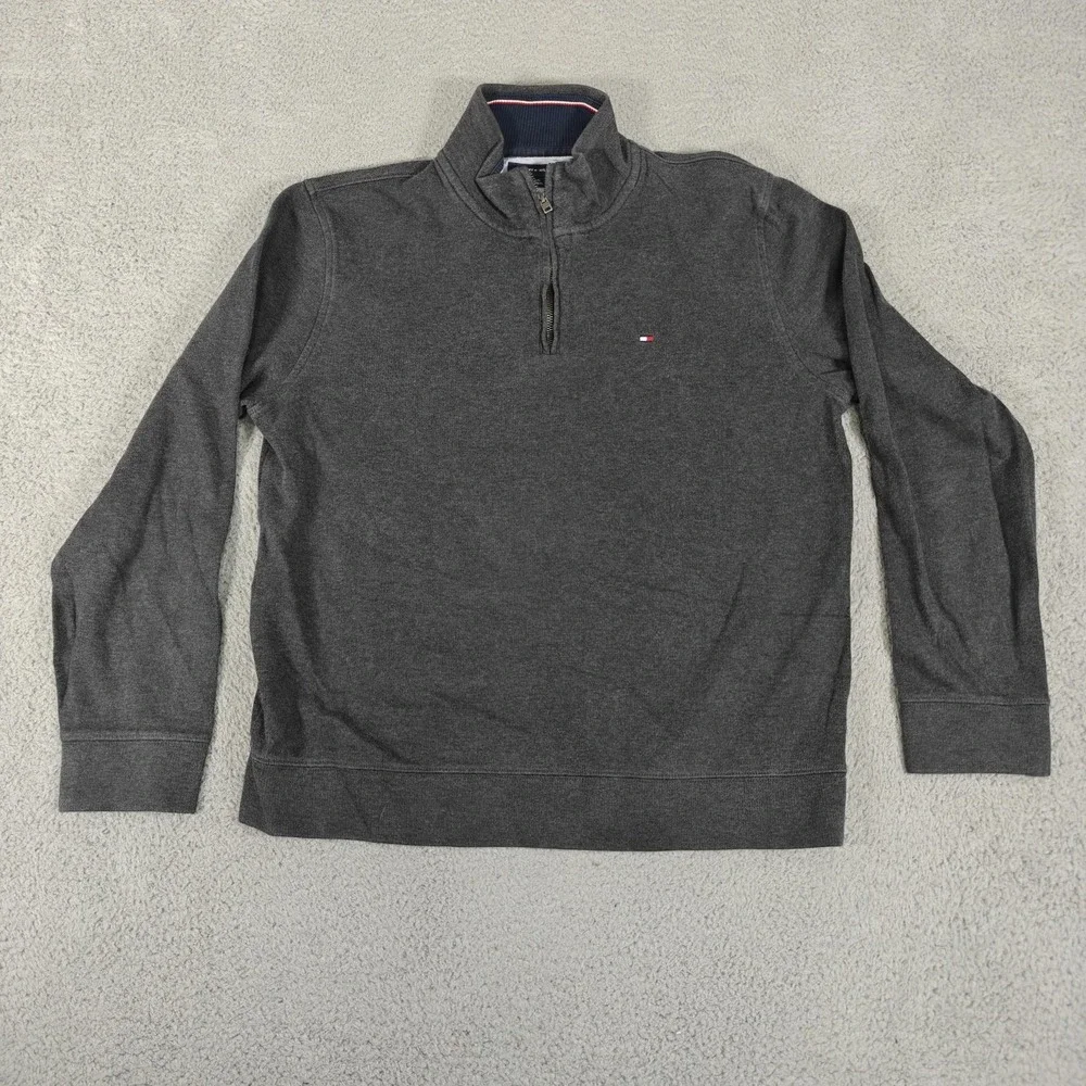 Tommy Hilfiger Sweater Mens‎ Large Gray 1/4 Zip Pullover Logo Cotton Classic